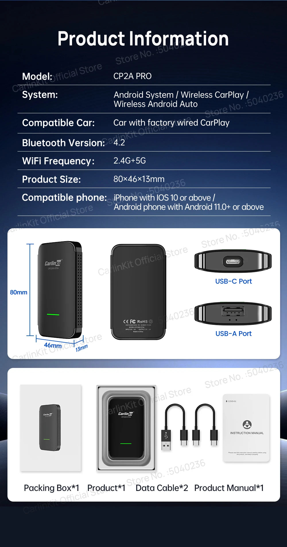 CarlinKit 4.0 CP2A Pro 3-In-1 Android TV Box CarPlay Ai Box Support Netflix YouTube Wireless CarPlay &Android Auto Smart Car Box