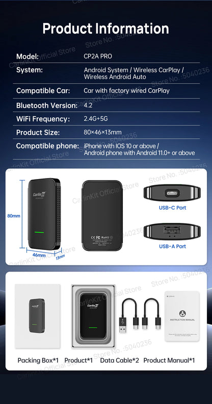 CarlinKit 4.0 CP2A Pro 3-In-1 Android TV Box CarPlay Ai Box Support Netflix YouTube Wireless CarPlay &Android Auto Smart Car Box