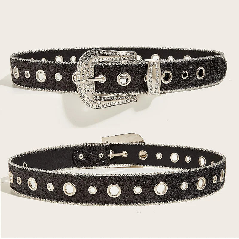 Gothic Black Silver Metal Buckle Rhinestone Belt Luxury Desiner Four Seasons Y2K Womens Jeans Belt Plus Size Men's Waistband