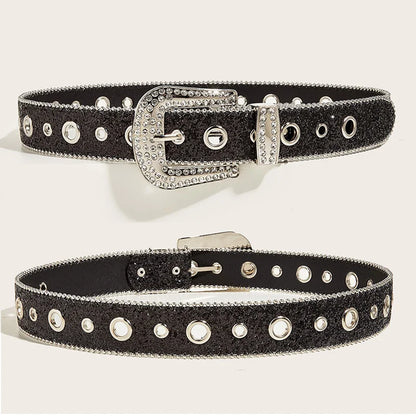 Gothic Black Silver Metal Buckle Rhinestone Belt Luxury Desiner Four Seasons Y2K Womens Jeans Belt Plus Size Men's Waistband