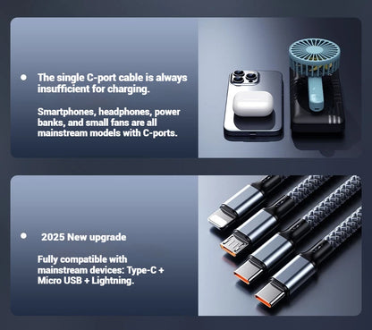 4-in-1 Multifunctional Charging Cable Supports USB-A to USB-C, Micro USB, and Braided Cables for Charging Multiple Devices