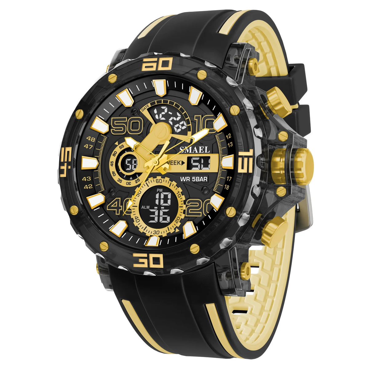 SMAEL 8136 Dual Display Military Watch for Men - 50M Waterproof LED Alarm Chronograph Stopwatch Shock Resistant