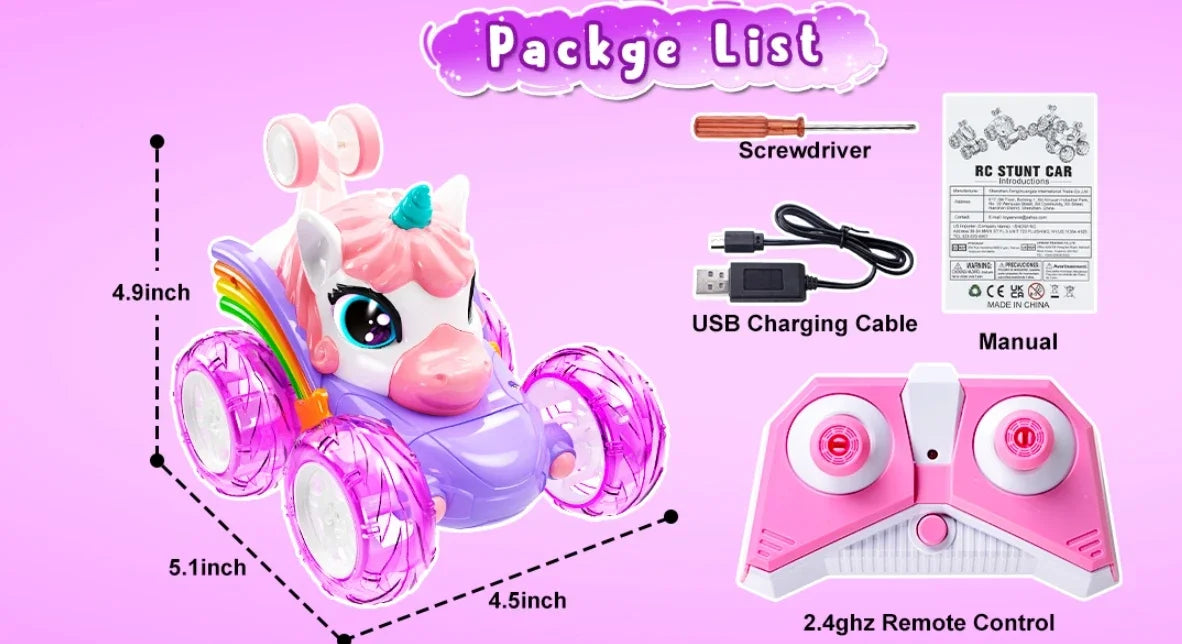 Unicorn Remote Control Car for Girls, 360° Rotating 4WD Stunt RC Cars with Cute Lights, Rechargeable Toys-Kid for Birthday Gifts