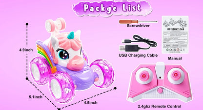 Unicorn Remote Control Car for Girls, 360° Rotating 4WD Stunt RC Cars with Cute Lights, Rechargeable Toys-Kid for Birthday Gifts