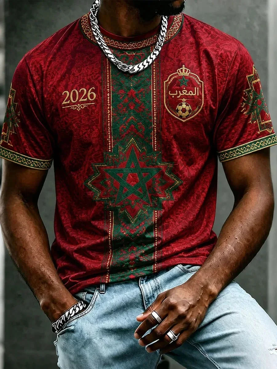 2026 Morocco Fan Football T-Shirt, Red Letter Print Quick Dry Short Sleeve Casual Sports Jersey Unisex