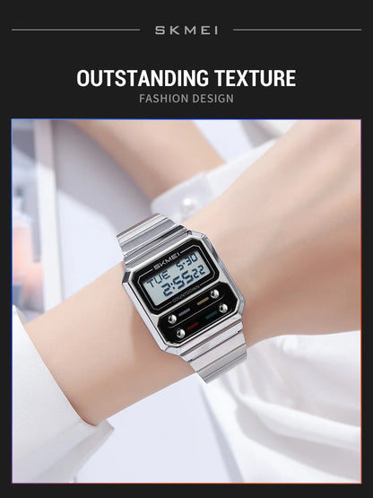 SKMEI 2448 Fashion Men Electronic Watch Vintage Business Luminous Calendar Waterproof Steel Strap Casual Digital Watches for Man