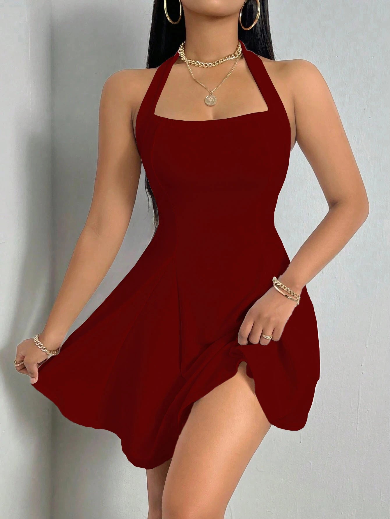 French Romantic Backless halter neck dress Women's Solid Color A-Line Dress Summer Party Mini dresses
