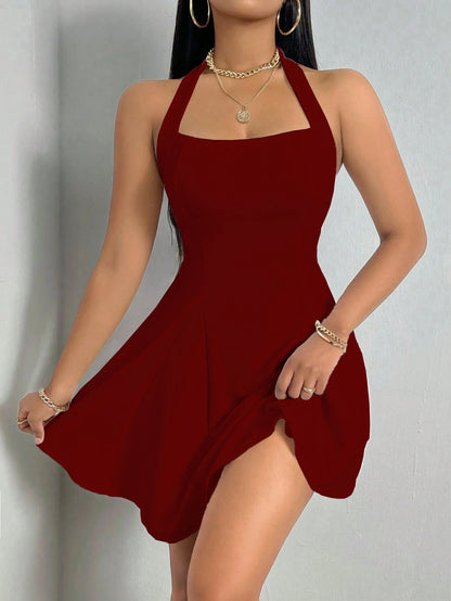 French Romantic Backless halter neck dress Women's Solid Color A-Line Dress Summer Party Mini dresses