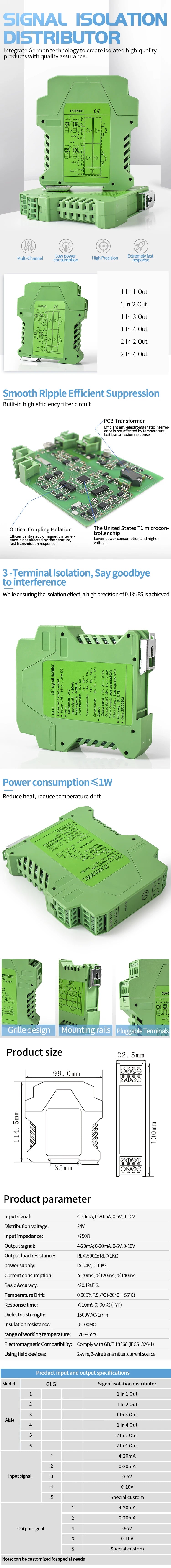 4-20mA to 0-10V DC Signal Isolator 0-10mA 0-20mA to 0-10V 0-5V 1-5V Analog Signal Isolator 1 In 1 Out 1 In 2 Out