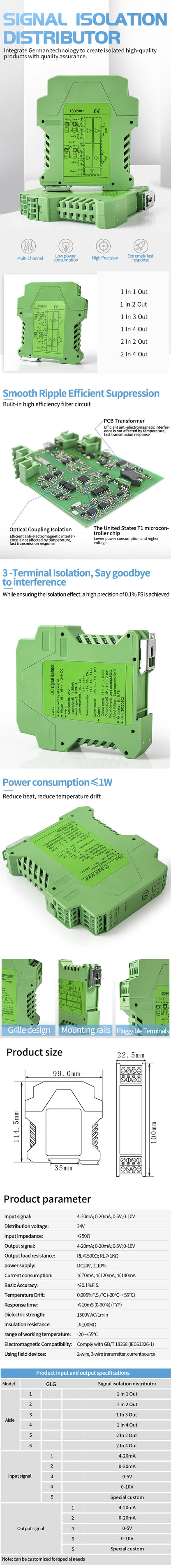4-20mA to 0-10V DC Signal Isolator 0-10mA 0-20mA to 0-10V 0-5V 1-5V Analog Signal Isolator 1 In 1 Out 1 In 2 Out