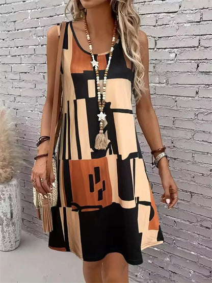 2025 New Fashion Women's Dress Casual Beach Round Neck Sleeveless Loose Dress Summer Women's Vest Striped Print Dress Sundress