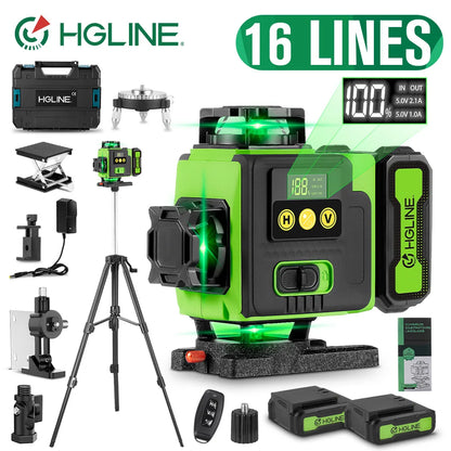 HGLINE 16 Lines Laser Level APP Remote Control Horizontal Vertical Levels Machine Power Display Laser Leveling With 100cm Tripod