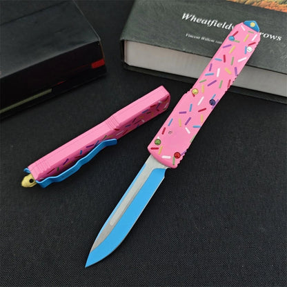 Outdoor Tactical Folding Knife 3.46 Inch D2 Blade T6 Aluminum Pink Donut Handle Deep Pocket Clip EDC Camping Hiking Hunting Tool