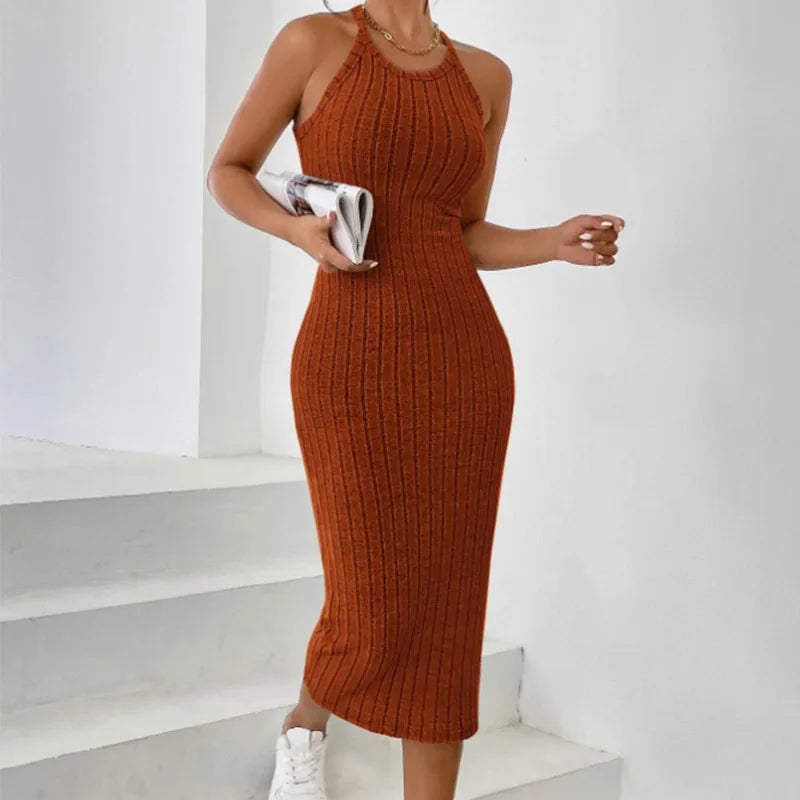 2026 Women's Crew Neck Solid Sleeveless Spaghetti Strap Dress Knit Ribbed Longline Slim-Fit Casual Sports Tank Dress Y2k Clothes