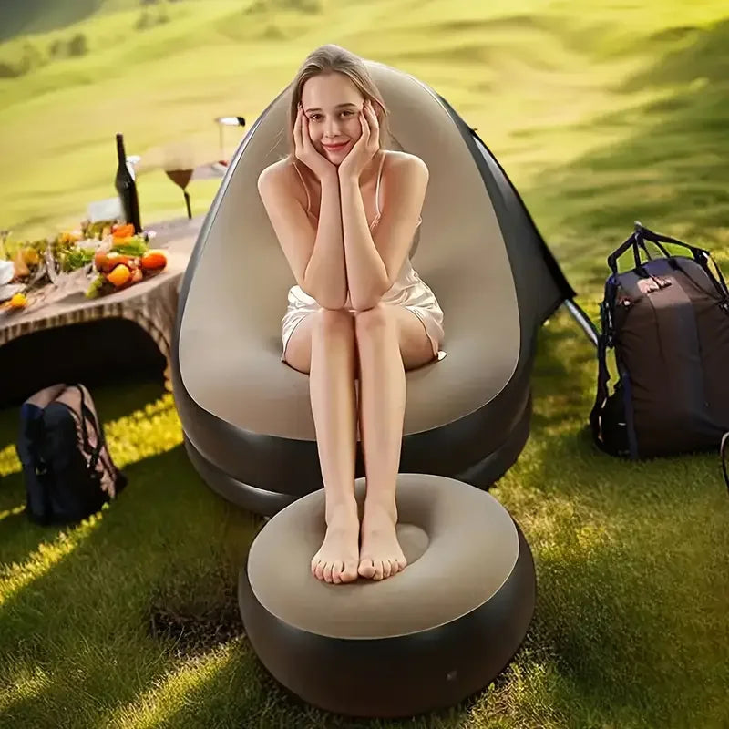2Pcs Lazy Sofa Inflatable Chair Folding Recliner (Sofa + Footrest) Outdoor Sofa Bed with Footrest Indoor and Outdoor Portable Folding Air Mattress Lunch Break Leisure Chair Set