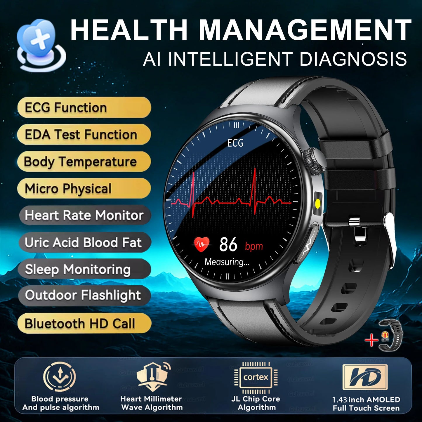 2026New Nursing Grade Health Smartwatches For Men Women Precision Detection Heart Rate Blood Fats Uric Acid ECG+PPG Smart Watch
