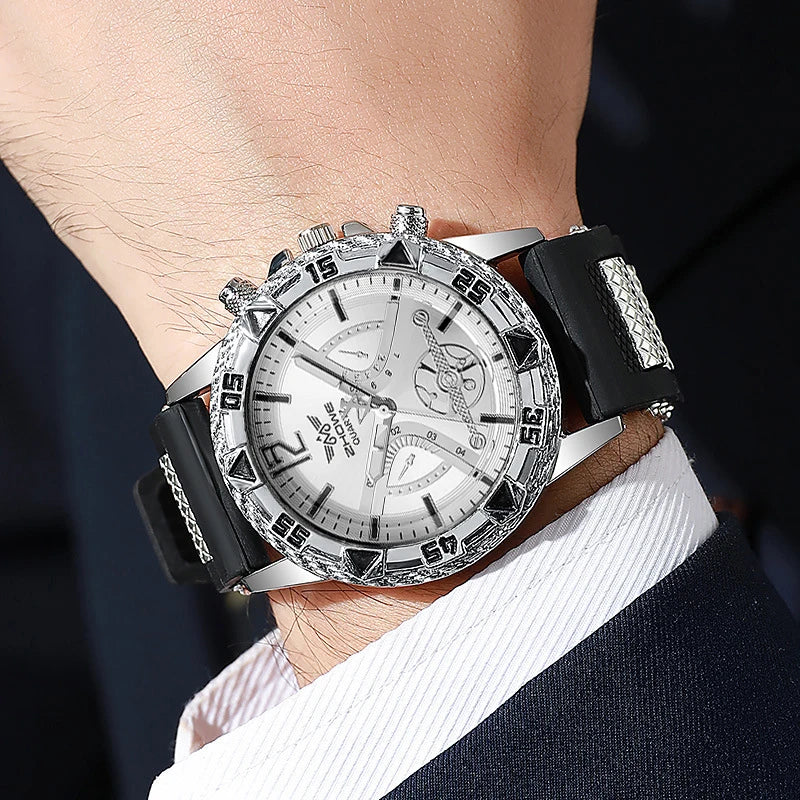 4PCS/Set Fashion Silicone Strap Men Quartz Wristwatch Male Arabic Dial Watch With Jewelry Set Reloj Hombre (Without Box)