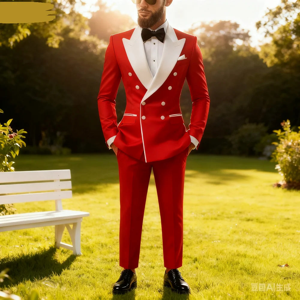 2-Piece Men's Casual Smolking Set with White Lapel Blazer And Black Pants Wedding Groomsmen Suit for Ceremony And Festa
