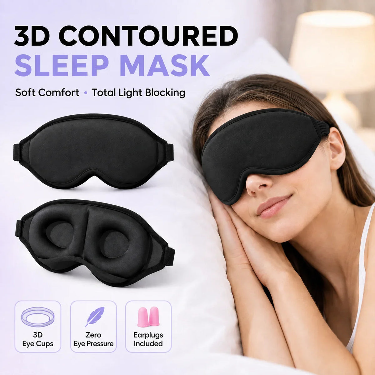 3D Contoured Sleep Eye Mask With Earplugs Zero‑Pressure Light Blocking Blindfold Adjustable Strap Soft Sleeping Mask For Travel