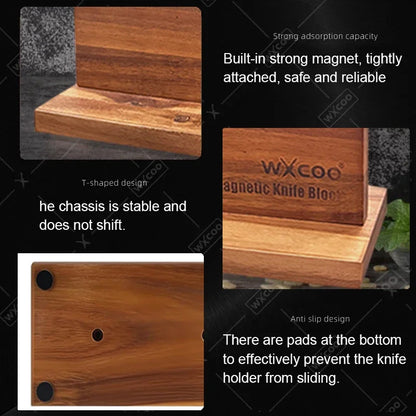 Long Magnetic Knife Block Acacia Wooden Kitchen Knife Holder Kitchen Counter Strong Enhanced Magnets Stands Storage Knife Holder