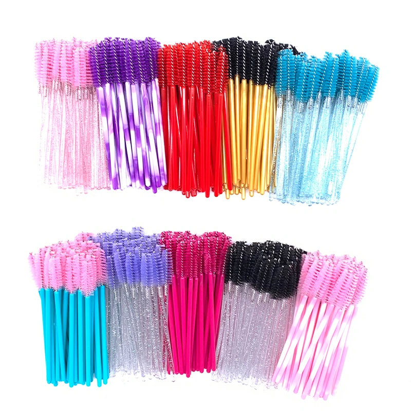 50 Pcs Shiny Crystal Eyelash Applicator Disposable Diamond Handle Nylon Two Colors Mascara Wands Spoolies Pink Brushes