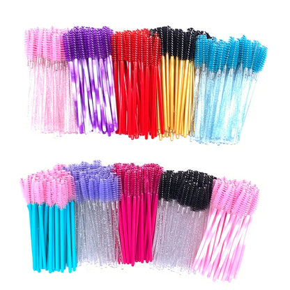 50 Pcs Shiny Crystal Eyelash Applicator Disposable Diamond Handle Nylon Two Colors Mascara Wands Spoolies Pink Brushes