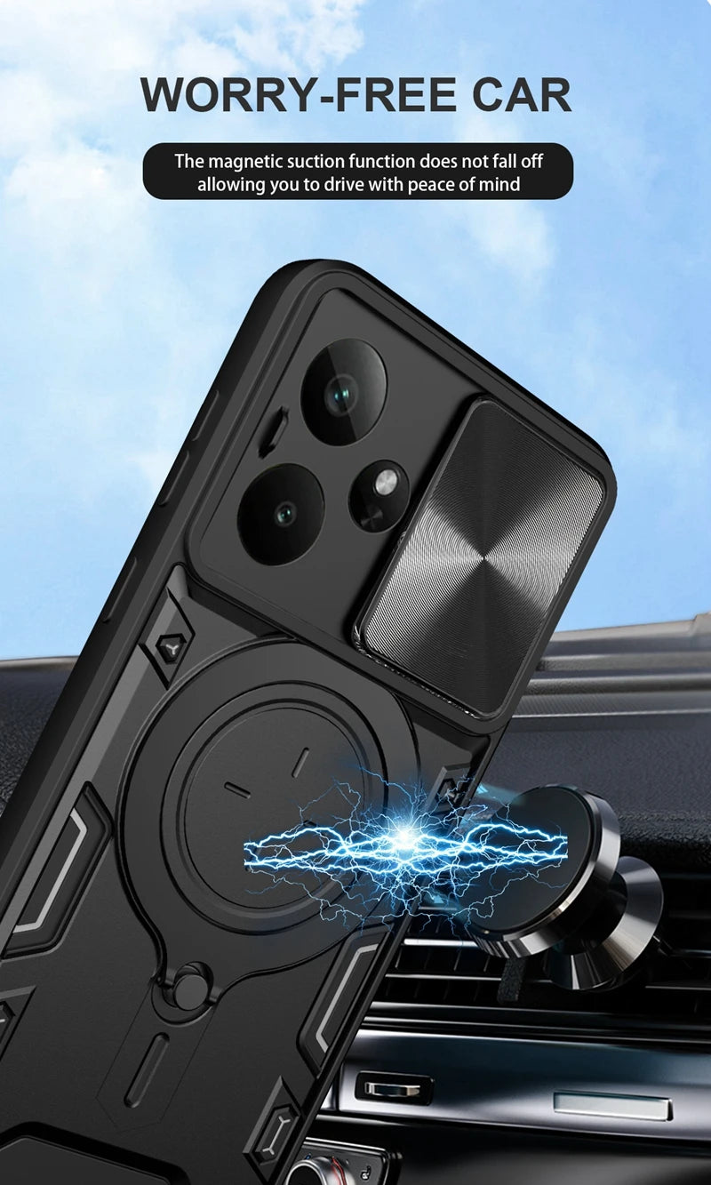 For Realme GT7 5G Case Armor Slide Camera Lens Protect Back Cover For OPPO Realme GT7 GT 7 RealmeGT7 Magnetic Holder Ring Funda