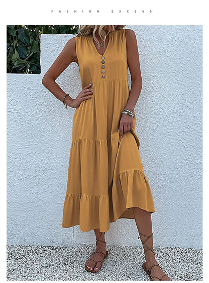 Casual Summer Midi Dress Women Sleeveless Tank V Neck Buttons Ruffle Loose Dresses Beach Soild Sundress Fashion