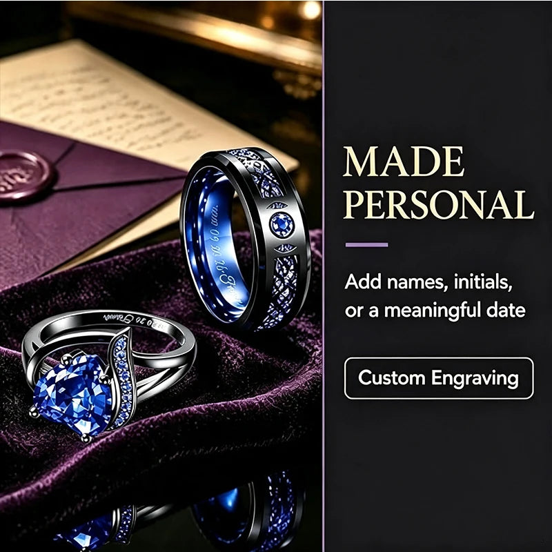Personalized Couple Rings Set Custom Engraved Heart Cubic Zirconia Engagement  Ring Birthday Gift Wedding Rings Jewelry