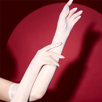 Sexy Women 1D Thin Glove Elastic Oil Glossy Shiny Long Finger Glove Sheer See Through Long Glove Driving Dance Gloves
