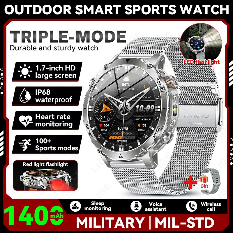 Smartwatch LIGE 2026 wojskowy, bateria 1400mAh, dla mężczyzn, latarka zewnętrzna, wodoodporność IP68, pulsometr, połączenia Bluetooth, bransoletka sportowa