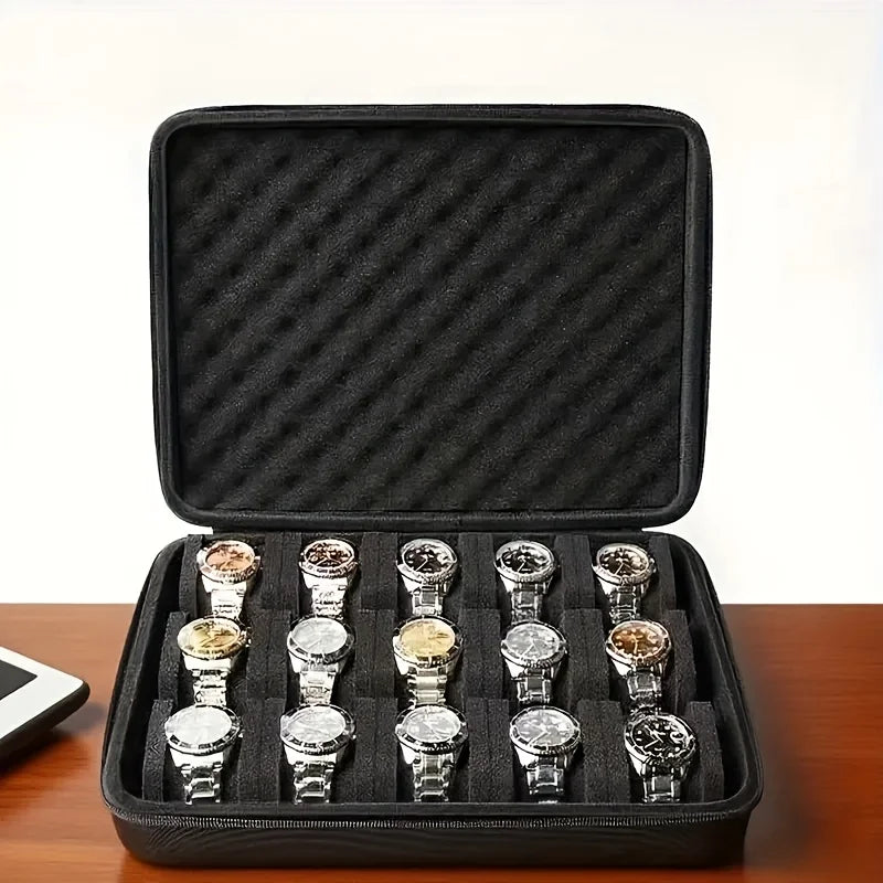 A Watch Box with 15 Compartments,Featuring Shockproof Foam Padding And a Portable Hard Shell Design,for Home Storage