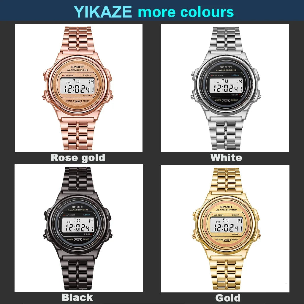 YIKAZE Steel Men's Watch Classic Business Men Digital Watches Alarm Chrono Electronic Wristwatch Sports Clock for Man Women