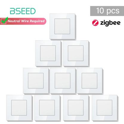 Bseed Zigbee Button Switchs Need Neutral Wire Tuya Smart Life Alexa App Control Glass Frame 86*86mm White Light Switch