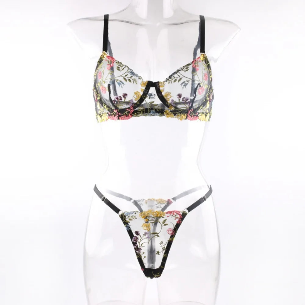 2-Piece Floral Lingerie Set Sheer Embroidery Underwear Intimates Underwire Push-up Versatile Bra Panty Set For Lady Girl