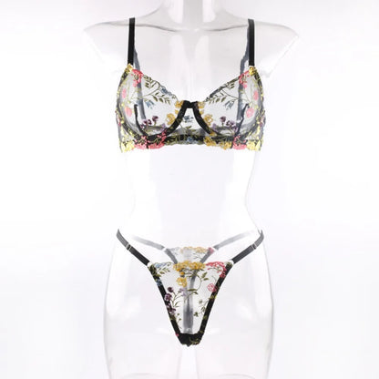 2-Piece Floral Lingerie Set Sheer Embroidery Underwear Intimates Underwire Push-up Versatile Bra Panty Set For Lady Girl