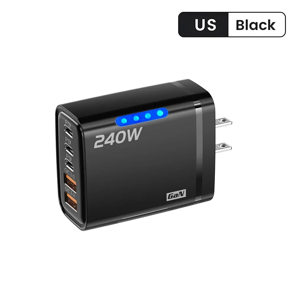 240W GaN 2USB+3Type C Desktop Phone Charger With LED Light Multi Ports Quick Charge 3.0 Adapter For iPhone Samsung Huawei Tablet