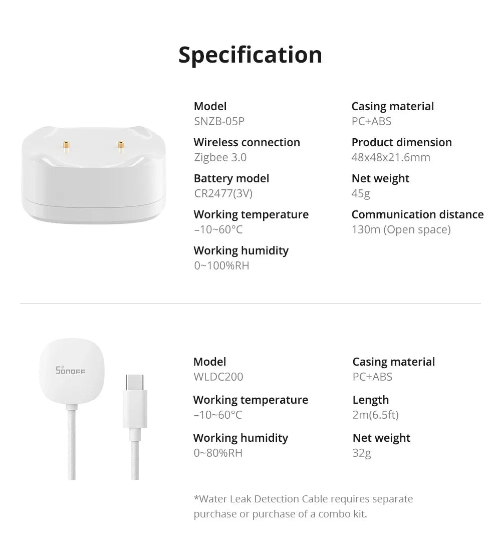 SONOFF SNZB-05P Water Leak Sensor With Detection Cable 5-Year Battery IP67 Waterproof Smart Alarms Works With Alexa Google Home