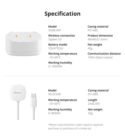SONOFF SNZB-05P Water Leak Sensor With Detection Cable 5-Year Battery IP67 Waterproof Smart Alarms Works With Alexa Google Home