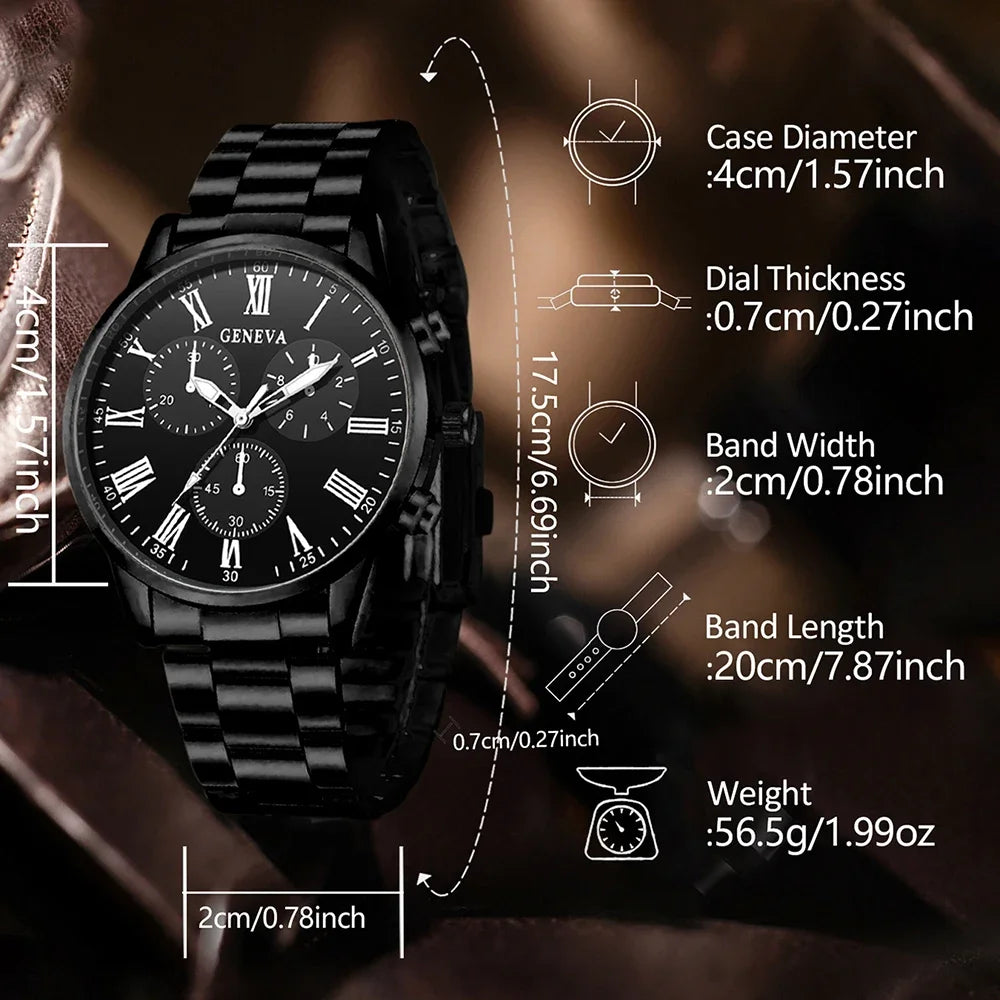 4PCS Black Men's Watch Set Business Trend Fashion Roman Digital Scale Dial Quartz Watch Bracelet Necklace Ring Set Perfect Gift