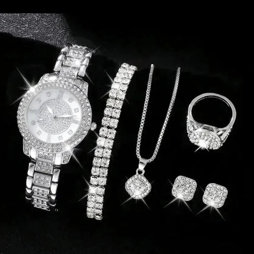 6PCS Women Watch Luxury Elegant Alloy Watch Crystal Wristwatch For Ladies Gift Quartz Watch Alloy Rhinestone Bracelet Montre