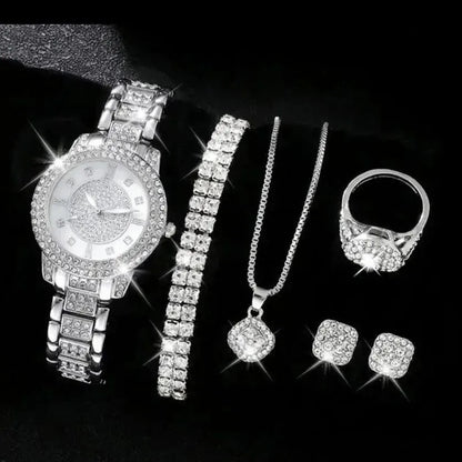 6PCS Women Watch Luxury Elegant Alloy Watch Crystal Wristwatch For Ladies Gift Quartz Watch Alloy Rhinestone Bracelet Montre