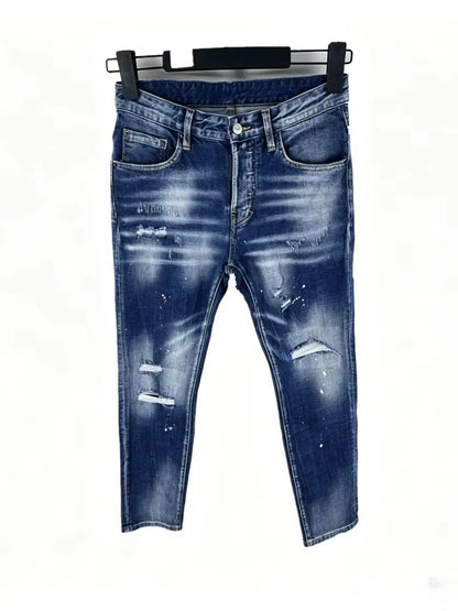 6060 Four Seasons New Men's Washed Ripped Patch Old Slim-fit Straight Black Jeans for Men
