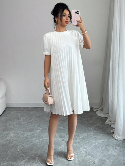Women's Pure-Color Pleated Puff Sleeve Midi Dress - Elegant Round Neck Loose A-Line Swing Dress for Office, Casual Daily Holiday