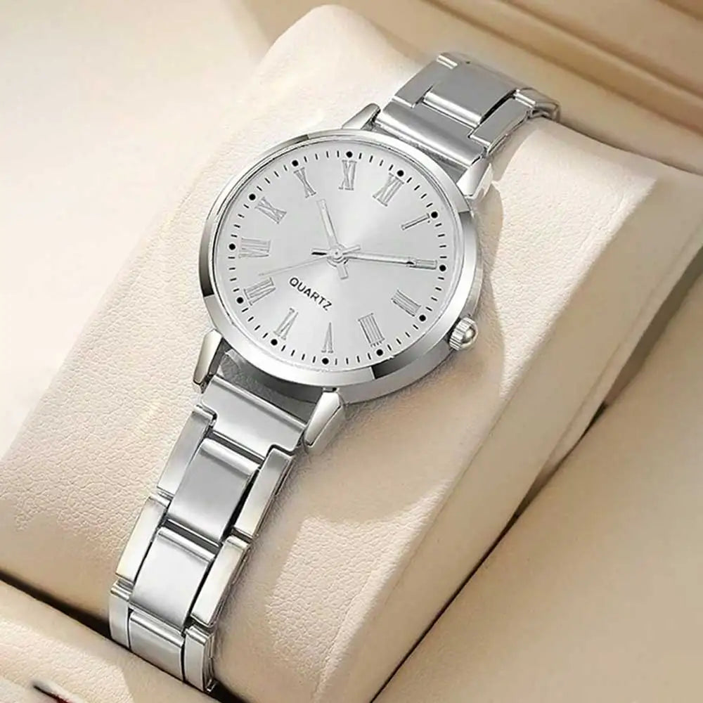 4PCS Fashion Women's Watch Set Trendy Luxury Simple Roman Numerals Scale Round Dial Quartz Watch Bracelet Set Perfect Gift