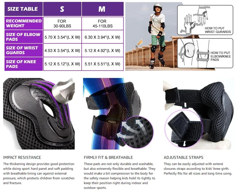 6Pcs/Set Kids/Youth Knee Pad Elbow Pads Guards Protective Gear Set for Roller Skates Cycling BMX Bike Skateboard Inline Skatings