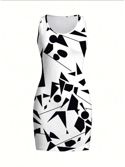 Women's Geometric Pattern Sleeveless Dress Mini Skirt round Neck Summer Casual Elegant Comfortable Printed Fashion