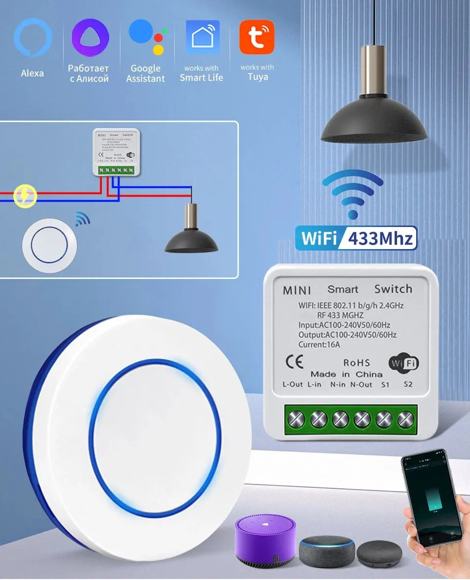 Tuya Smart Wifi Switch RF433Mhz Wireless Light Switch 16A/20A Relay Smart Life App Remote Voice Control With Alexa Google Home
