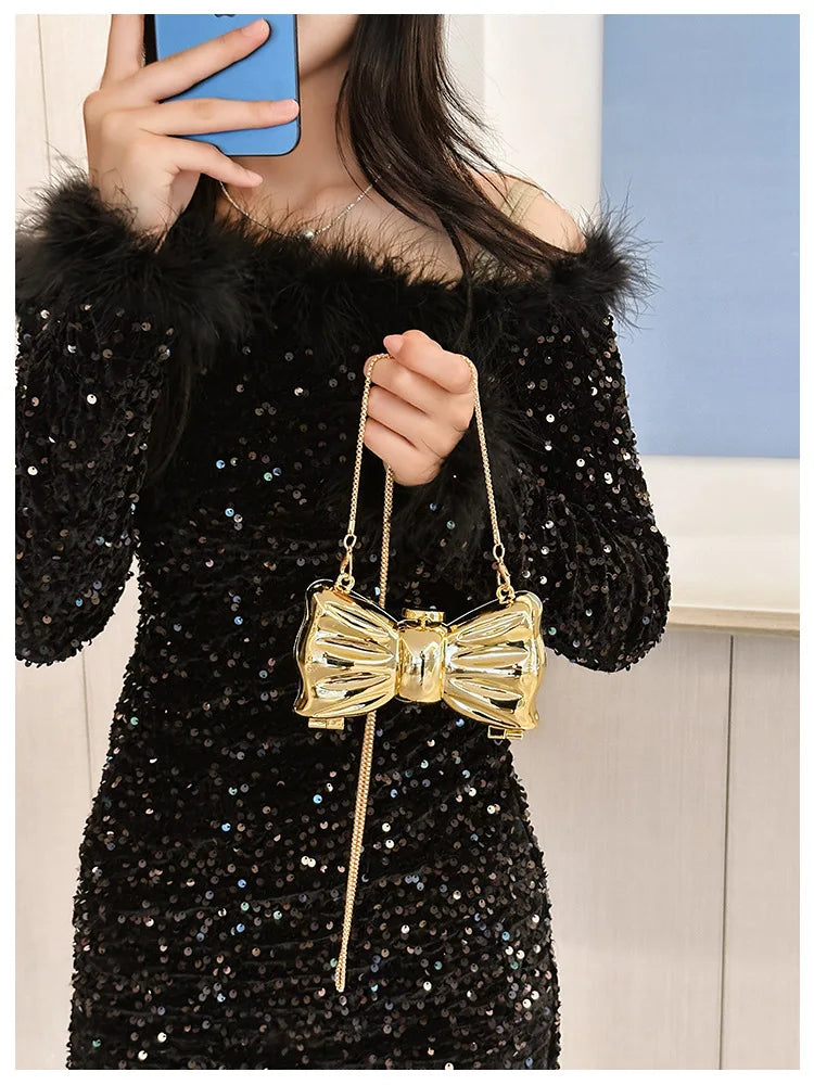 Luxury Designer Mini Bowknot Evening Bag for Women Girls Crossbody Handbag Chain Shoulder Bags Metal Purse for Party Wedding