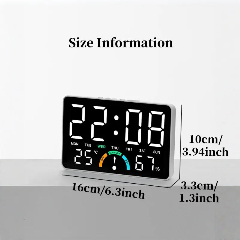 Digital Alarm Clock TEMP Humidity Week Comfort Level Dual Alarm Snooze Table Clock 12/24H Timer Auto Dimmable LED Wall Clock